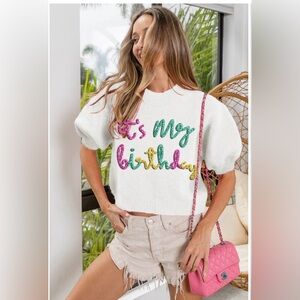 BIBI Metallic Letter "It's My Birthday" Puff Sleeve Fuzzy Sweater/ NWT / Medium